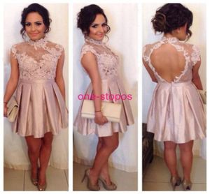 Blush Lace High Neck Short Graduation Jurken Cap Sleeve Sexy Open Back Homecoming prom jurk Women Cocktail Party Dress 2627195