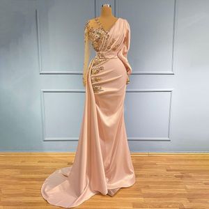 Blush manches longues bal Pageant robes 2022 perlée dentelle florale tache sirène arabe Aso Ebi soirée robe de réception robes