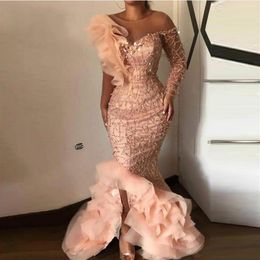 Blush rose 2020 perles sirène robes de bal dentelle Appliqued une épaule robes de soirée, plus la taille formelle fête Pageant Wear258S