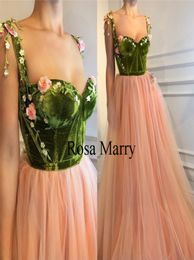 Blush Pink 3D Floral Long Prom Dresses 2020 A Line Velvet Vintage Lace Plus Size goedkope meisjes Pageant Betrokkenheid Arabische avond Par3623638