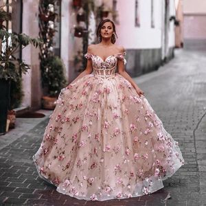 Fard à joues rose 3D fleurs robe de bal Quinceanera robes de bal taille pure à lacets dos robe de reconstitution historique hors de l'épaule robes de soirée