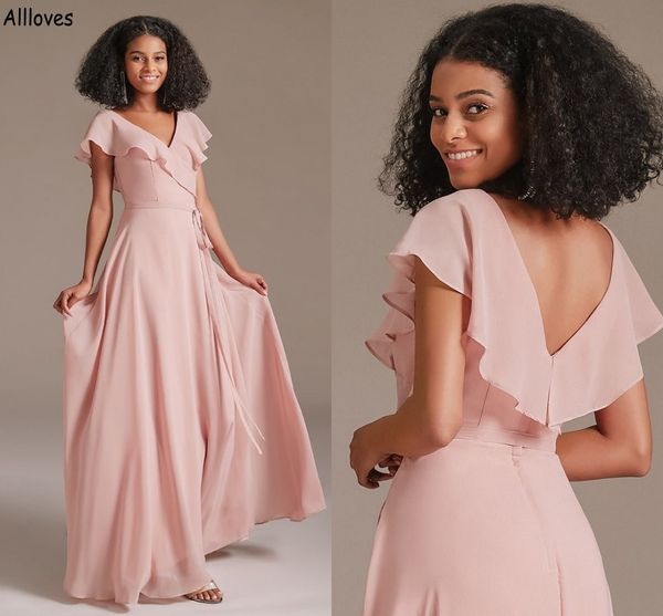 Blush rose une ligne robes de demoiselle d'honneur en mousseline de soie avec manches courtes col en V volants élégante demoiselle d'honneur robes sexy dos nu jeune fille mariage invité robe de soirée CL2034