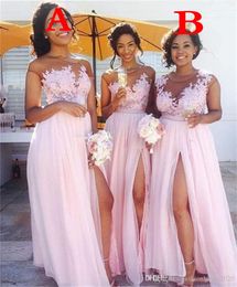 Blush roze Afrikaanse bruidsmeisje 2021 Sexy pure juweel nek kanten appliques bruidsmeisje jurken hoge gesplitste formele feest avondjurken