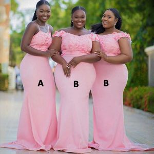 Blozen roze Afrikaanse bruidsmeisjesjurken geappliceerd kant kralen zeemeermin veer elegante bruiloft gast jurk meisjes voor bruid Nigeria formele feestjurken B149