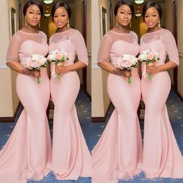 Blozen roze Afrikaanse Nigeriaanse zeemeermin bruidsmeisje jurken met mouw 2019 pure kanten hals plus size bruidsmeisje bruiloft gasten jurk