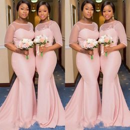 Blush Pink African Nigeriaanse zeemeermin bruidsmeisje jurken met mouw 2019 Sheer Lace Neck Plus Size Maid of Honor Wedding Guest Gown 192n