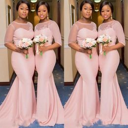 Blush Pink African Nigerian Mermaid Vestidos de dama de honor con manga 2019 Sheer Lace Neck Plus Salla de Honor Vestido de invitado de boda 2197