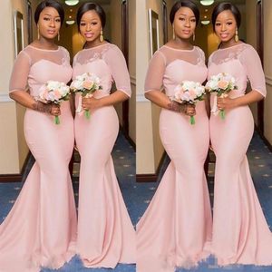 Blush Roze Afrikaanse Nigeriaanse Zeemeermin Bruidsmeisjesjurken met Mouw 2019 Sheer Lace Neck Plus Size Bruidsmeisje Bruiloft Gast Gown2875