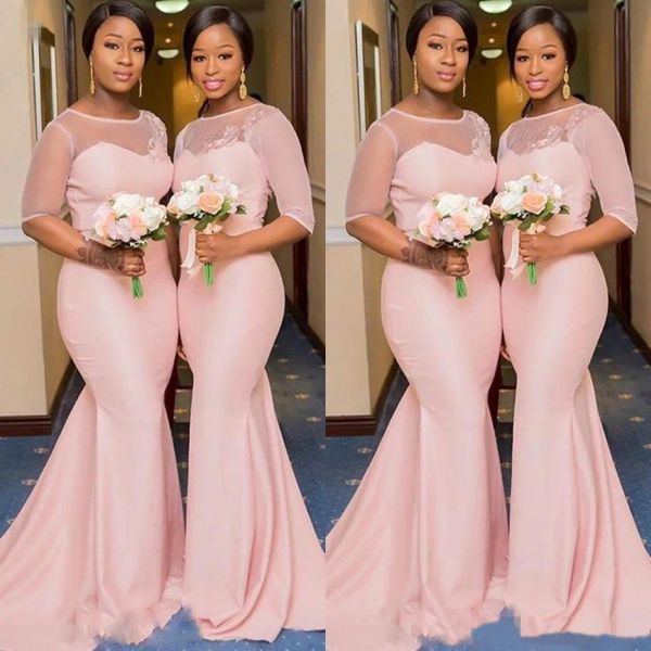 Blush rose africain nigérian sirène des robes de demoiselle d'honneur avec manche en dentelle transparente plus taille d'honneur robe d'invité de mariage