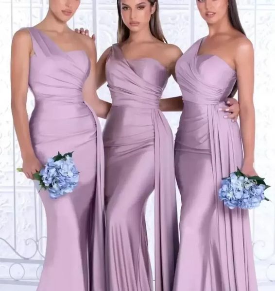 Blush Pink African One Shoulder Sirena Vestidos de dama de honor Hasta el suelo Vestidos de invitados de boda Vestido de dama de honor junior Vestido de fiesta con cinta BC12587 0726