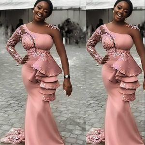 Blush rose arabe aso ebi sexy dentelle sirène robes de soirée porter des plats de serrure