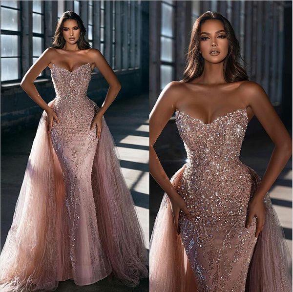 Blush rose arabe robes de soirée sirène 2022 Bling cristal perles chérie sans manches perles robes de bal