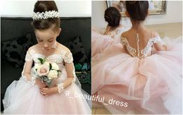 Blozen roze baljurk bloem meisjes jurken voor bruiloften sheer nek lange mouwen borduurwerk tule vloer lengte kinderen trouwjurken FG1250