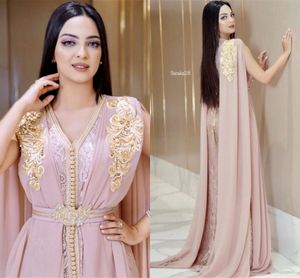 Blozen roze kralen moslim lange avondjurken luxe Dubai Marokkaanse kaftan jurk chiffon v nek formele jurk avond feestjurken