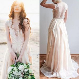 Blush Pink Bohemian Beach Vestidos de novia 2017 Encaje con cuello en V Ilusión Volver Top Gasa Fruncido Vestidos de novia largos por encargo Tallas grandes EN9166