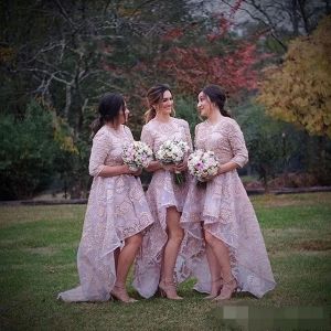 Blush roze bruidsmeisje jurken High Low Jewel Neck 3/4 lange mouwen kanten applique bruidsmeisje jurk jurk land bruiloft gastenfeest slijtage