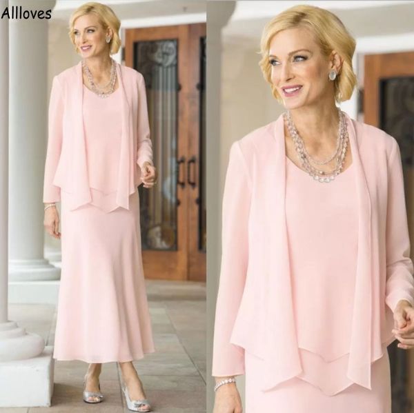 Blush rose mousseline de soie mère de la mariée robes avec manches longues veste droite femmes robes de soirée formelles longueur cheville solide robe de mère de marié pour le mariage CL2082