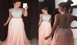 Blush Pink Crop Top Dresses Prom Vestido de graduación Silver Crystal Crystal Chiffon Sexy Long Fight Vestido para graduación Part4259872