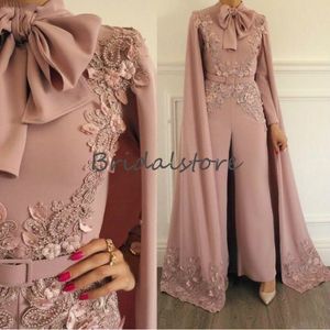 Blush Pink Dubai Abaya Avondjurken Hoge nek Kaftan Moslim prom jumpsuitjurken Avondslijtage met kralen lange mouw formele cape 2 213L