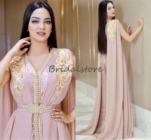 Blush Pink Dubai Arabische Avondjurken Caftan Abaya Chiffon Elegante Marokkaanse Kaftan Avondjurken Sexy V-hals Kant Beaded Prom Dres