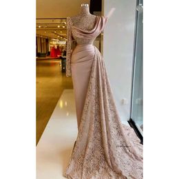 Robes de soirée rose blush 2021 Sexy Lace en dentelle Indian Style à manches longues High Coul Plus taille Dubaï Femmes Forme de Prom Gowns 0431