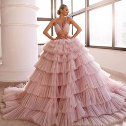 Blush rose robes de soirée pour les femmes Tulle plissé bouffée robes de bal cristaux de luxe fête tapis rouge vestido de novia