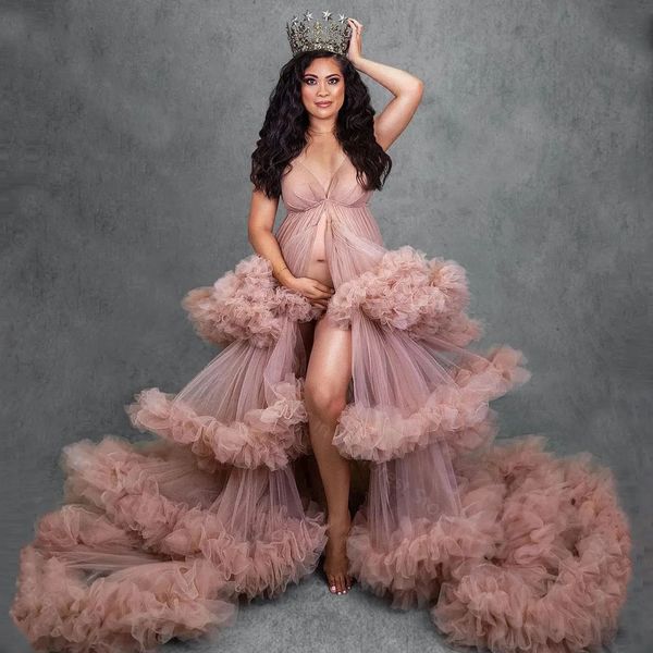 Robe de soirée rose blush, robes de bal en tulle, robes de maternité pour séance photo, grossesse, longues volants, robe sans manches, robe de fête prénatale pour la photographie