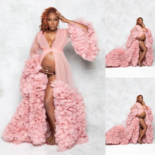 Blush Rose Extra Puffy Tulle Vêtements De Nuit Robes Manches Longues Transparent Voir À Travers Les Femmes Robe De Maternité Plus La Taille Pour La Photographie
