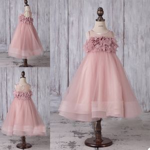 Robes de demoiselle d'honneur rose Blush pour mariage, robe de fête d'anniversaire pour enfants, col en bijou transparent, à volants, tendance