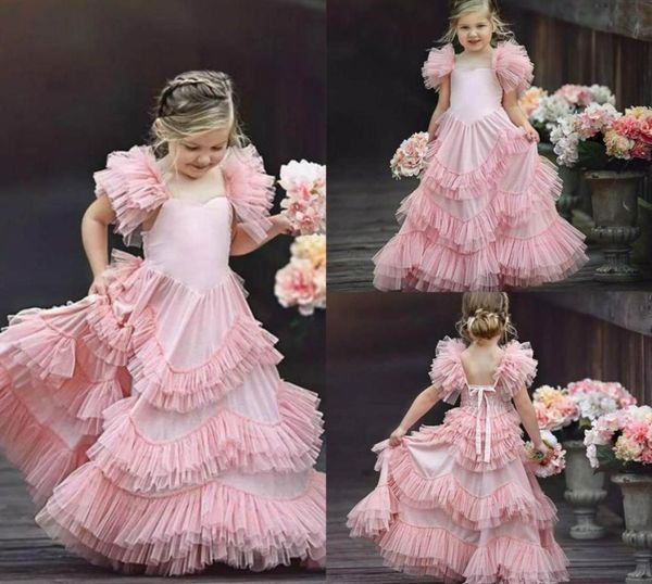 Blush Pink Flower Girl Dresses para bodas Ruffle Cute Little Girls Pageant Dress Spaghetti Strap Tulle Primera Comunión Dres3744335