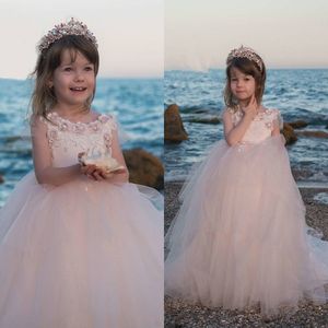 Blush roze bloemenmeisje jurken bruiloften 2022 3d bloemen transparante mouwen peuter formeel feest kinderen verjaardagscommunies jurken multi-layed tulle ballgown rok