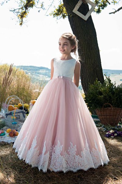 Blush Pink Flower Girls Vestidos 2018 Jewel Neck Apliques de encaje Tulle 2-Tones Girl Vestido formal Vestido de cuerpo entero con cordones en la espalda por encargo