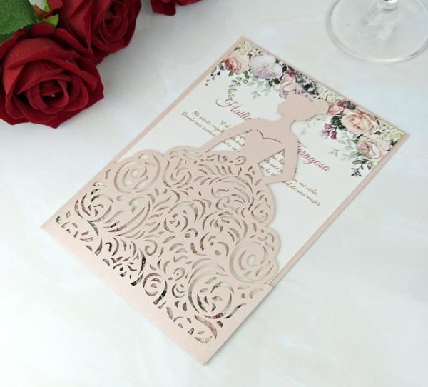 Blush Rose Flower Printing Girl Quinceanera Invitations avec enveloppe 20color Shiny Princess Sweet Quinze Birthday Party Invite8621299