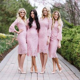 Bloos roze full lace thee lengte plus size 2021 schede bruidsmeisje jurken juweel 3/4 lange mouw dichter rits imperium tule op maat gemaakt