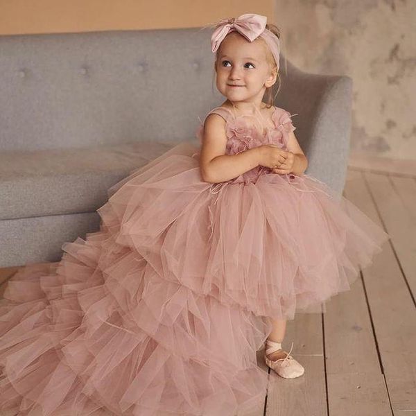 Vestidos de desfile para niñas de color rosa rubor, vestido de flores con plumas y volantes para niñas, vestidos de fiesta de cumpleaños de princesa altos y bajos para bodas