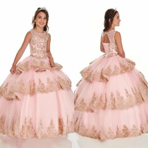 Blush Pink Gold Lace Cupcake Girls Pageant Vestidos de quinceañera Mini vestido de fiesta 2022 Beaded Jewel Lace-up Flower Girl Dress Ruffle296F