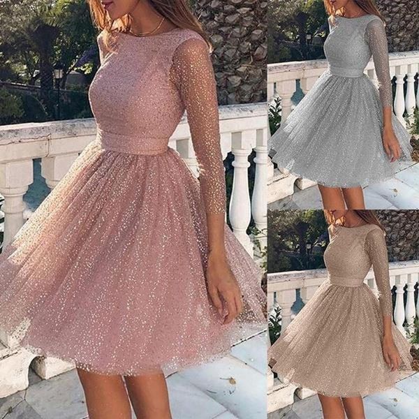 Fard à joues rose gris scintillant une ligne robes de cocktail bijou pure cou dos nu 3/4 manches plissées robes de retour courte robe de bal vestidos