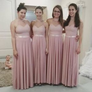 Blush Pink Cuello alto Vestidos largos de dama de honor 2020 Espalda abierta Gasa Vestido de invitados de boda Fiesta de graduación Vestidos de noche Vestidos Vestidos De Novia