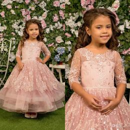 Blush Pink Lace 2019 Vestidos de niña de flores Vestido de fiesta Medias mangas Vestidos de novia de niña Vestidos de desfile vintage Vestidos