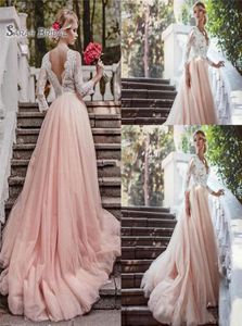 Blush Pink Lace 2020 A Line Wedding Vestidos Vneck Vneck Vintage Vestido nupcial Apliques Backless Vestidos de novia de talla grande1683409