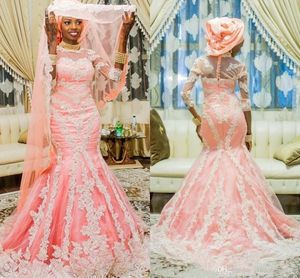 Blush rose dentelle africaine Aso Ebi robes de mariée sirène musulmane avec demi-manches Appliqued robe de mariée nigériane couverte de boutons