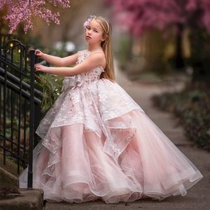 Blush roze kanten bloemenmeisje buigt kinder eerste heilige communie jurk prinses formele tule baljurk bruiloftsjurken 403