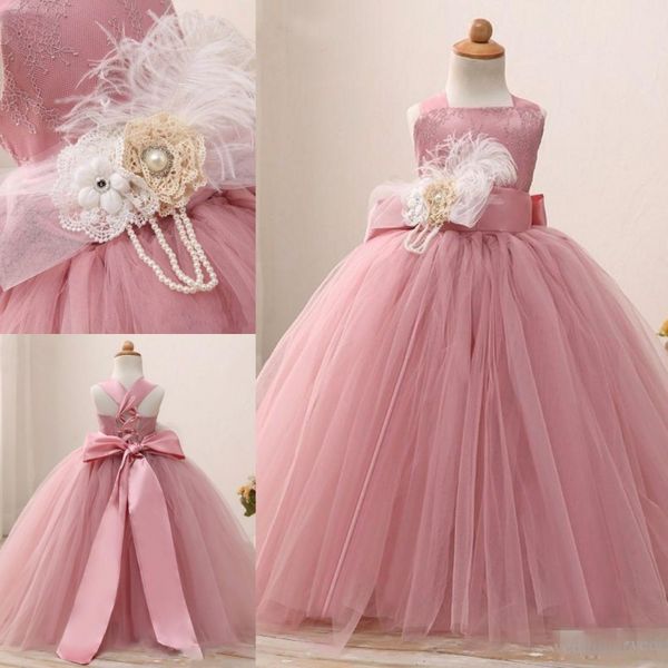Blush Pink Lace Vestidos de niña de las flores Ocasión especial para bodas Plumas Niños Vestidos de desfile Vestido de fiesta Tul Vestido de primera comunión