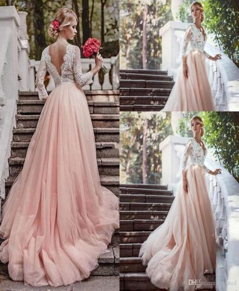 Blush Rose Dentelle Sexy Pays 2017 Une ligne Robes De Mariée Col En V À Manches Longues Dos Nu Plein Appliques Empire Tulle Balayage Train weddi4957649