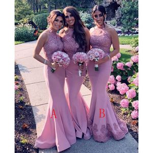 Blozen roze lange bruidsmeisje jurk halter mouwloze kant lente zomer meid van eer gown bruiloft gasten op maat gemaakte plus size beschikbaar