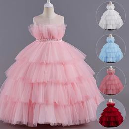 Blush roze mooie bloemenmeisjes jurken voor bruiloften gelaagde rokken 3d bloemen Appliqued Kids Formele slijtage Backless Long Girls Pageant Dress Tutu Trouwjurk