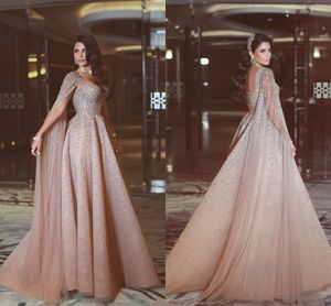 Rubor rosado de lujo de los granos de una línea de vestidos de baile con Cristales Wraps cariño barrer tren vestidos formales de los vestidos de noche Vestidos de Feista