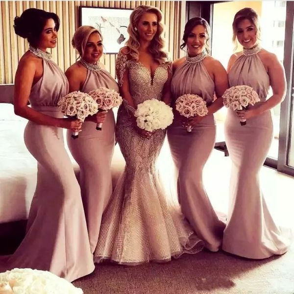 Blush Pink Sirène Bridesmaid Robe Beads Sequins Halter Evening Wear Country Maid of Honor Robes Low Back Sexy Prom Party Gowns BM02 2568