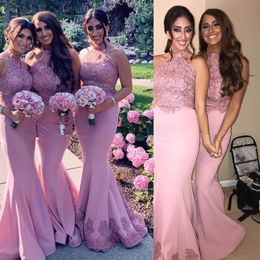 Blozen roze zeemeermin bruidsmeisje jurken halter kralen vloer lengte 2020 nieuwste Afrikaanse plus size meid van eer town bruiloft gasten