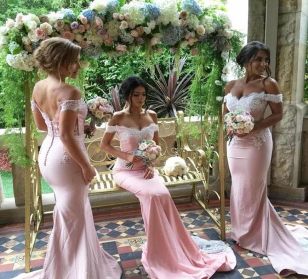 Blush Pink Sirena Vestidos de damas de honor 2020 Fuera del hombro Apliques de encaje sin espalda Dama de honor Vestidos de fiesta para invitados de boda Custom8201992670